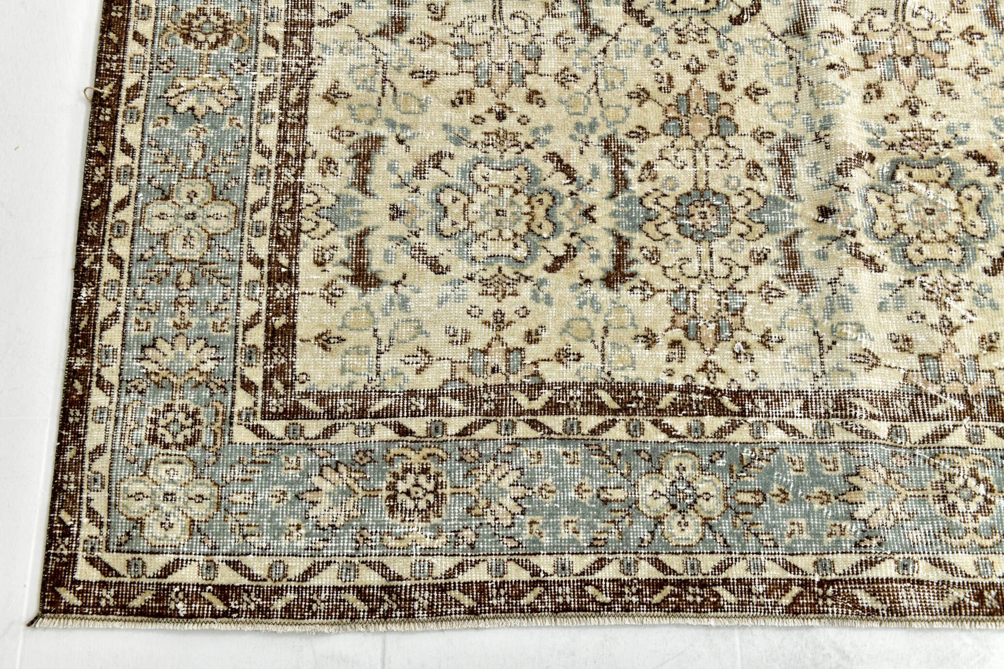 7x10 Turkish Cream Brown Bordered Vintage Rug, 207x316Cm