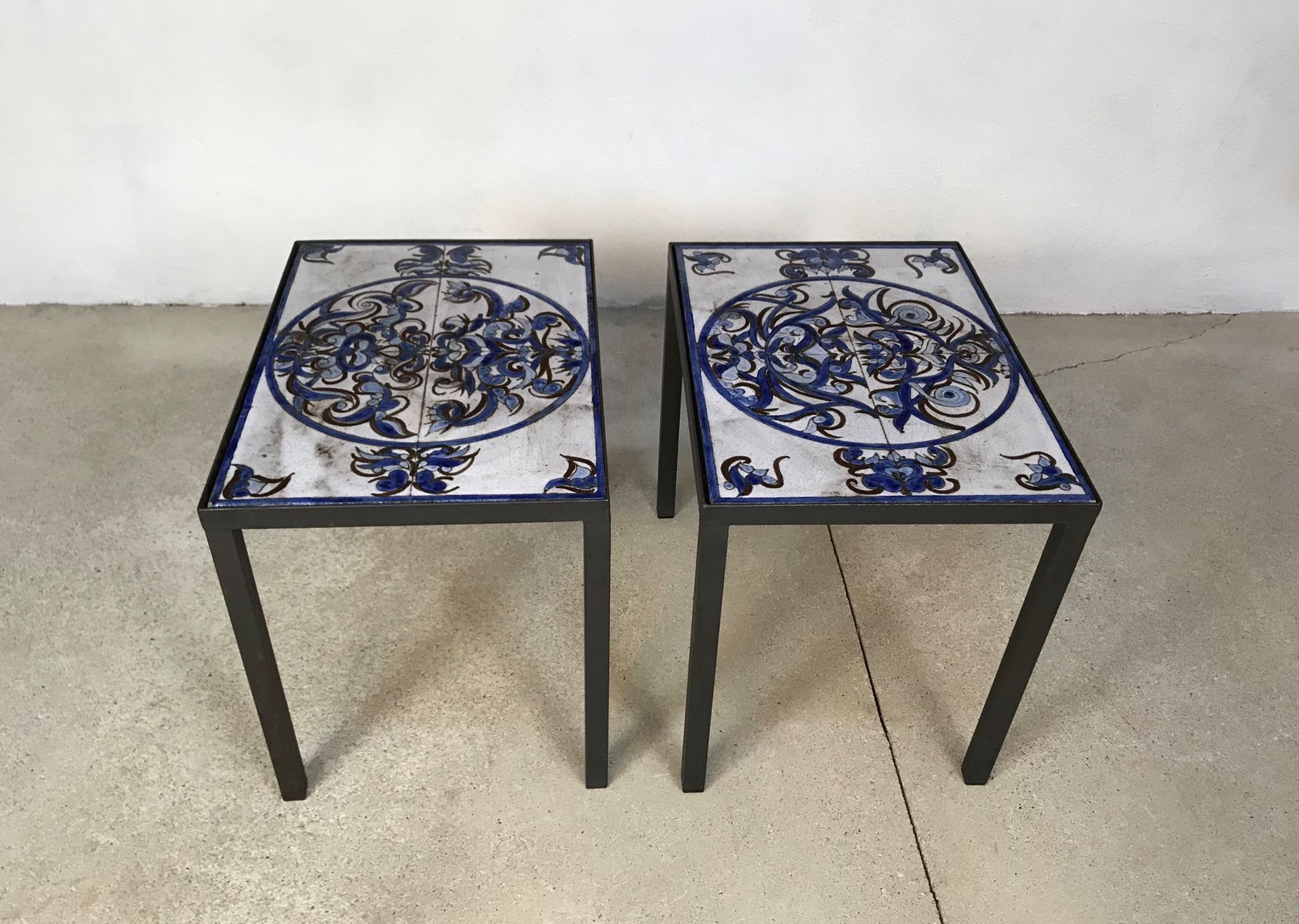 Italian ceramic tiles & steel side tables or nightstands, 1970s, set of 2
