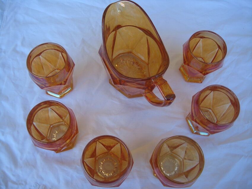 Old orange service pitcher & 6 glasses