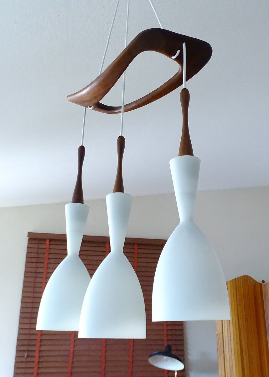 Vintage pendant light in teak and glass from Rispal