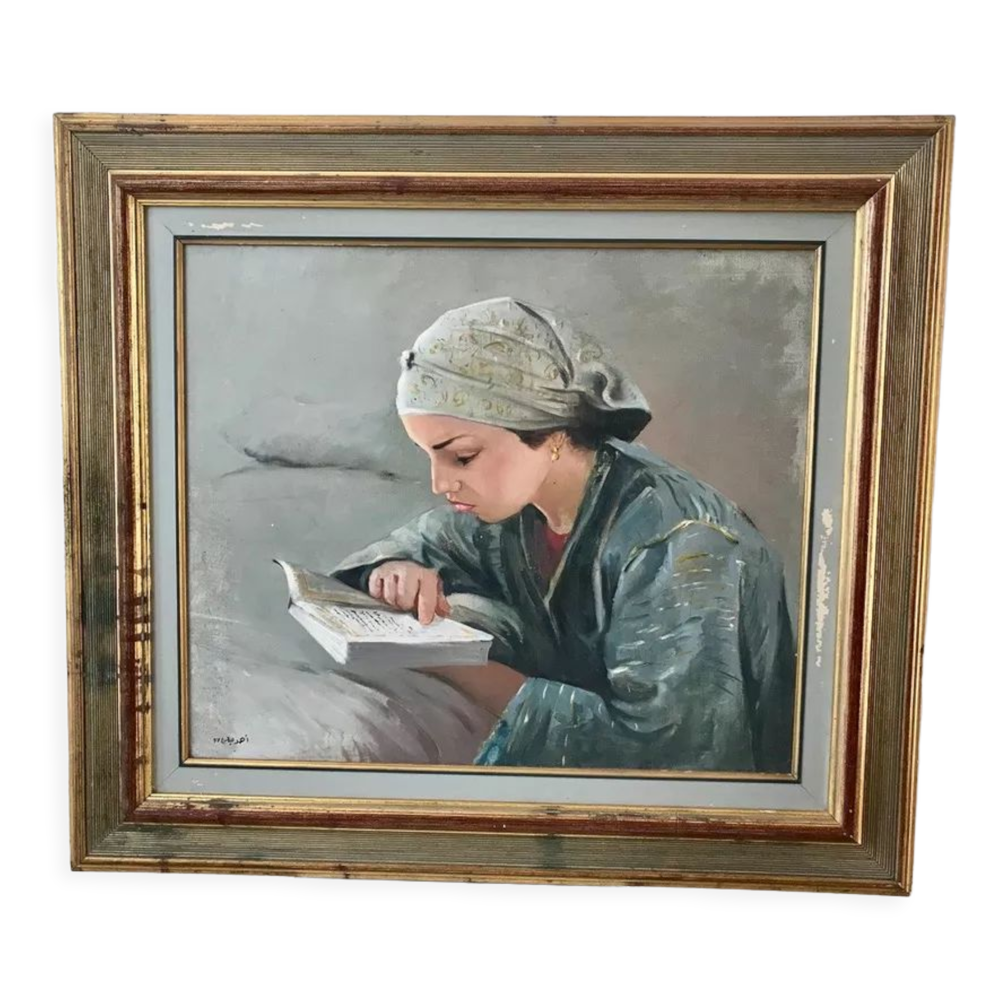Oil painting on canvas portrait young girl who reads signed