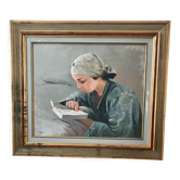 Oil painting on canvas portrait young girl who reads signed