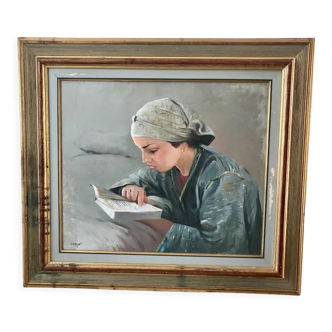 Oil painting on canvas portrait young girl who reads signed