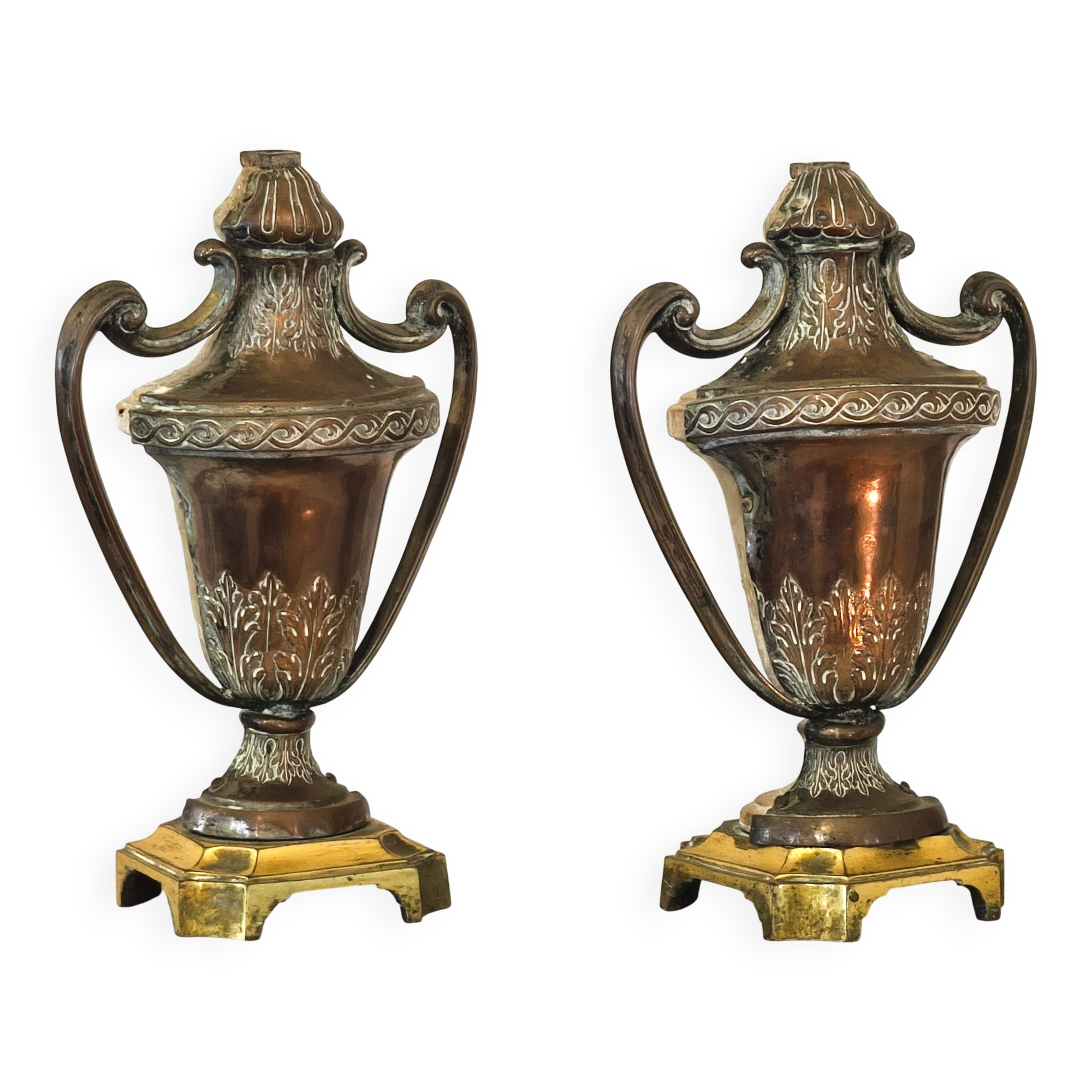 Pair of solid wood and bronze door handles, classical style, Italy 20th century.