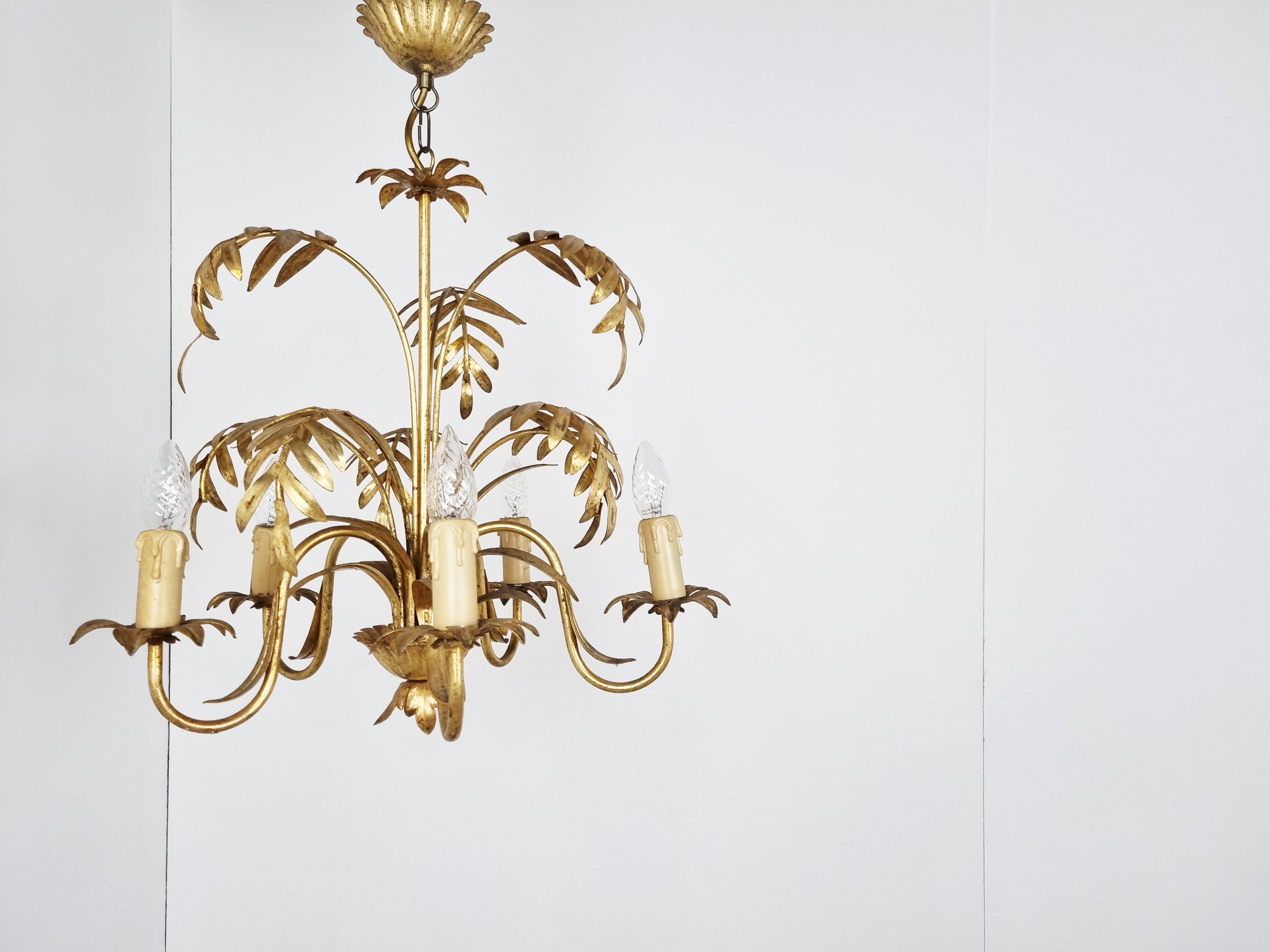 Vintage gilt metal palm chandelier, 1960s
