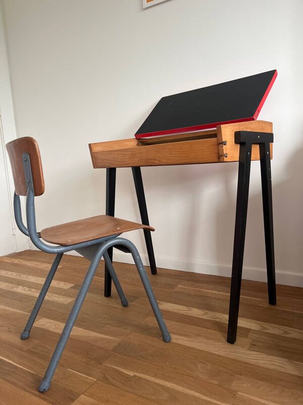 Bureau d’écolier vintage années 60 plateau formica rouge
