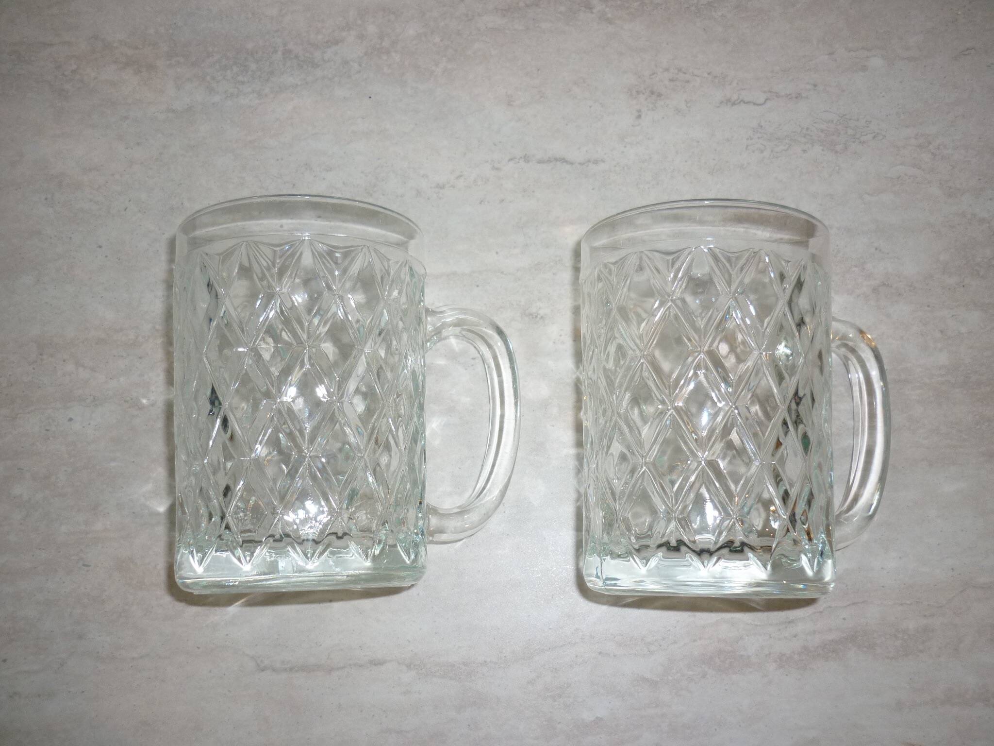 2 diamond-shaped glass beer mugs/glasses