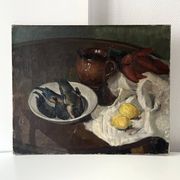 Oil on canvas still life with fish from the 1920s, antique painting.