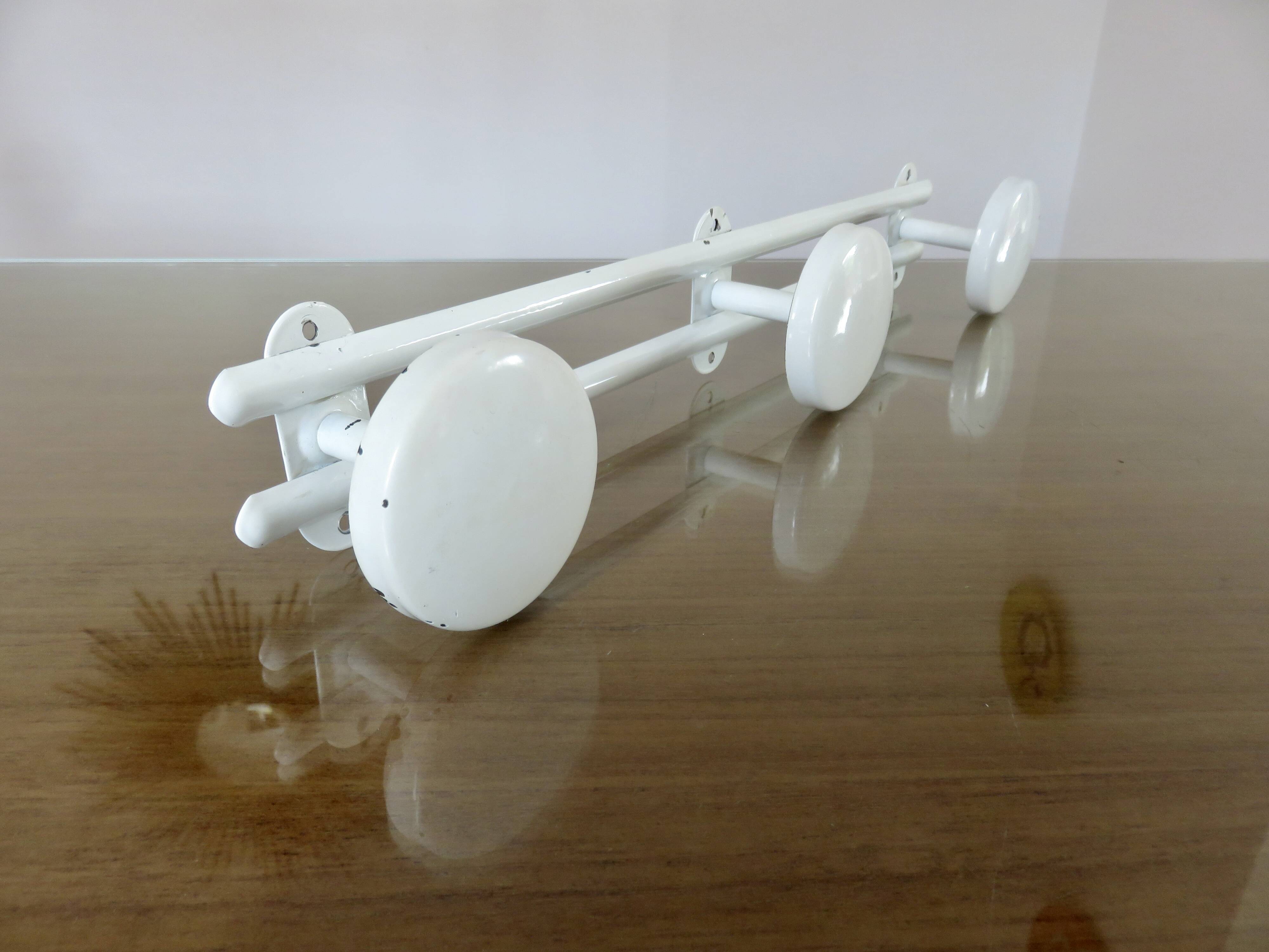 White lacquered metal wall coat rack, 3 hooks, 70s-80s