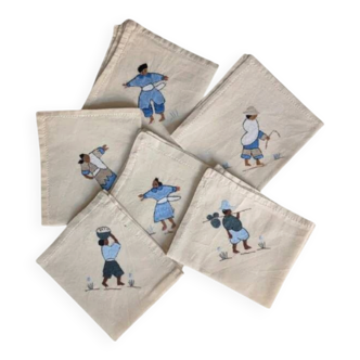 Set of 6 embroidered character napkins