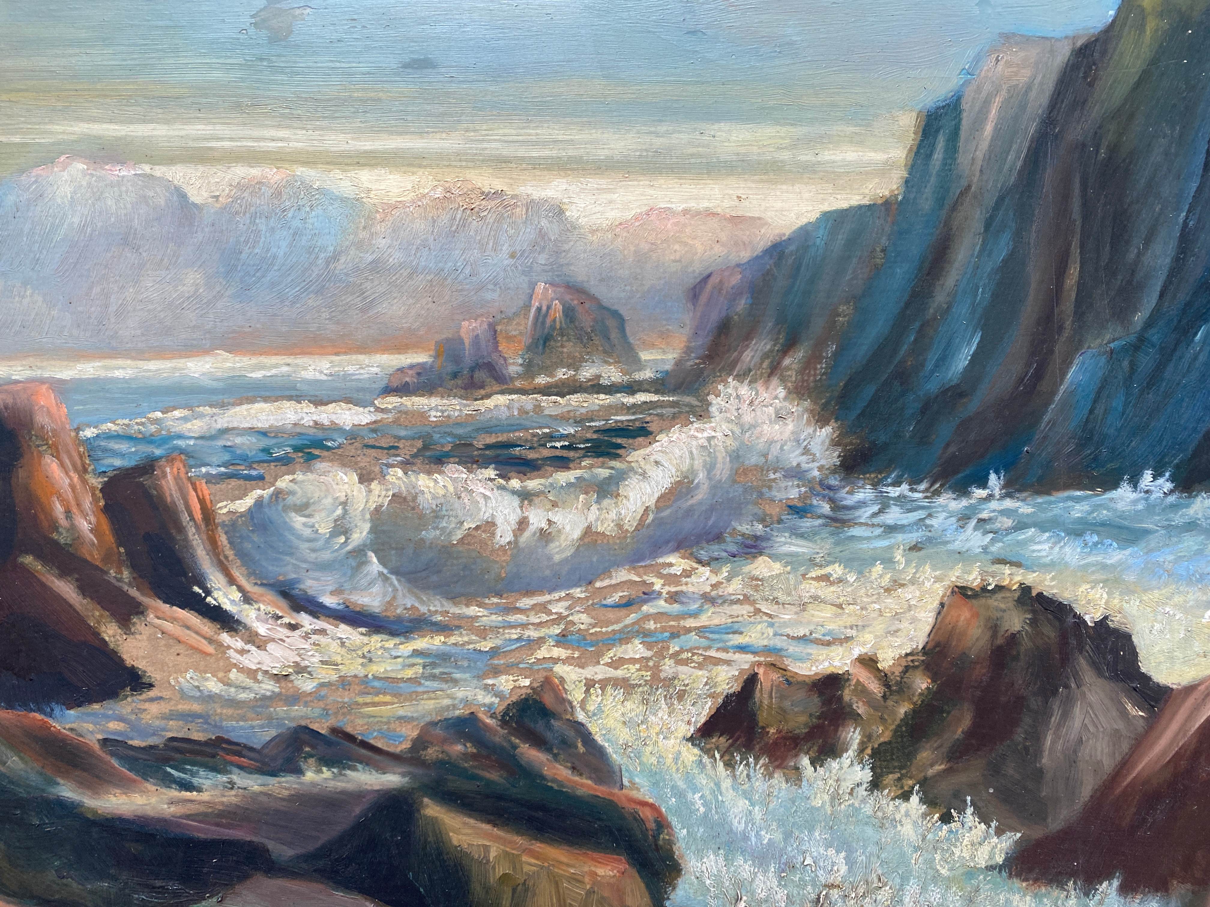 HSP painting "Seaside at sunset" signed O. Blanchard + Marine frame