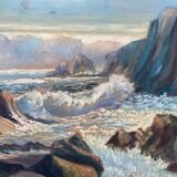 HSP painting "Seaside at sunset" signed O. Blanchard + Marine frame