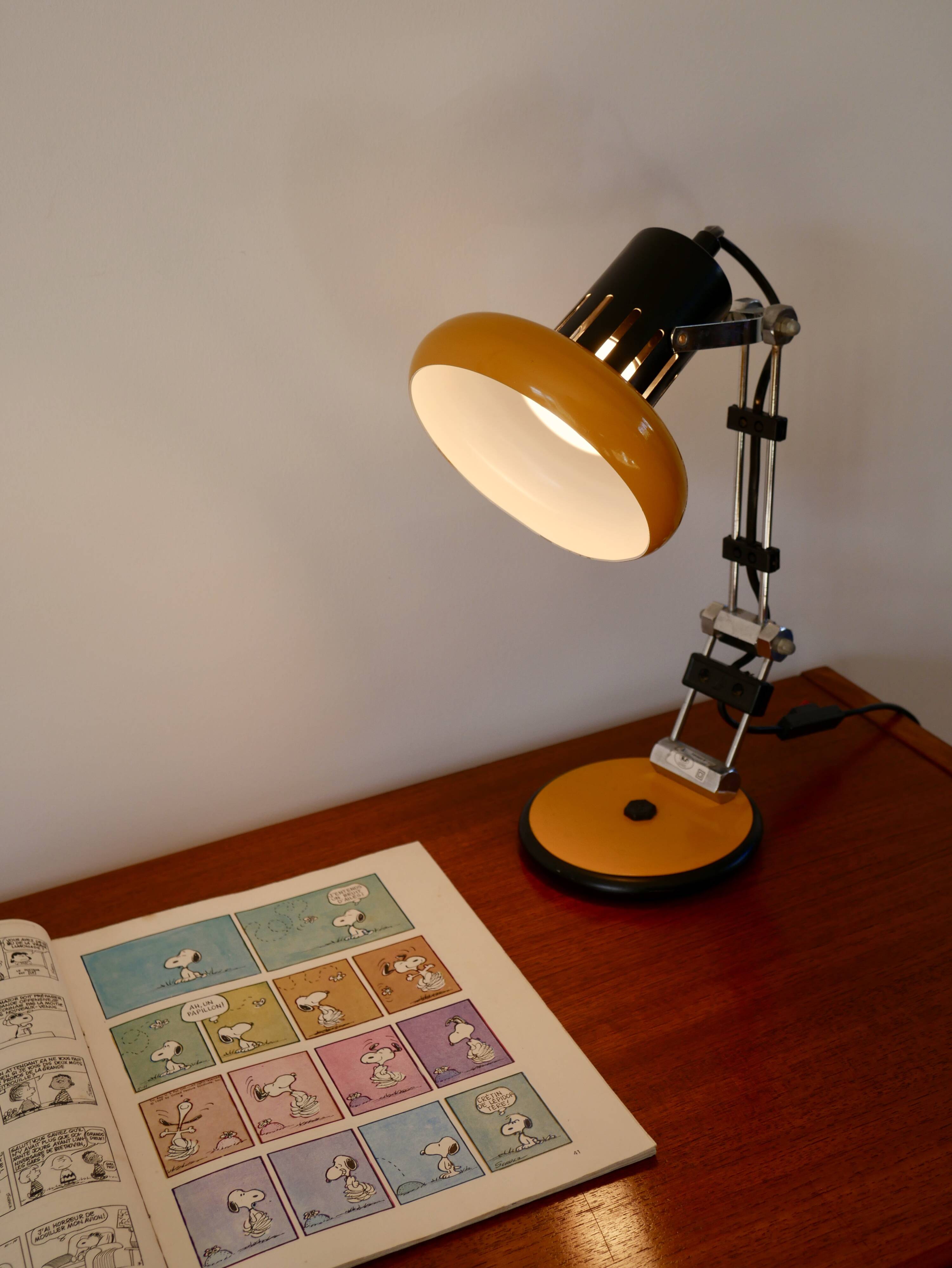 Articulated orange Aluminor desk lamp industrial design 70s