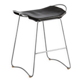 Tabouret de bar sculptural organique contemporain Métal argenté vieux et cuir noir