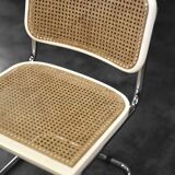 Set of 2 modern vintage Italian chairs in white wood and mid-century French wicker.