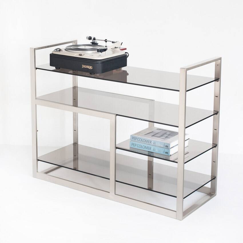 Vintage TV or HiFi cabinet. Brushed stainless steel and smoked glass. France, 1970s