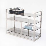 Vintage TV or HiFi cabinet. Brushed stainless steel and smoked glass. France, 1970s