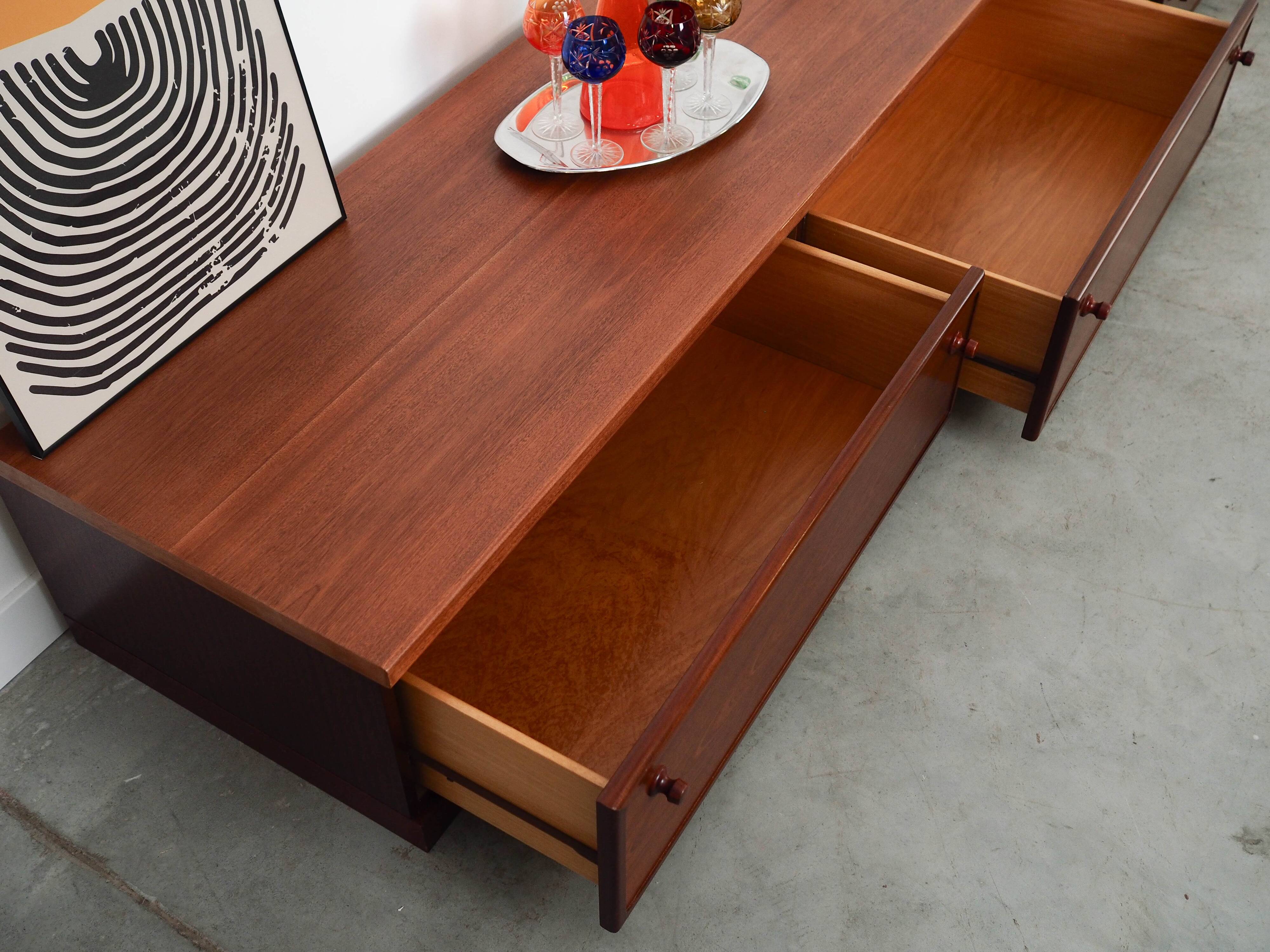 Low mahogany furniture, Danish design, 1970s, made in Denmark.
