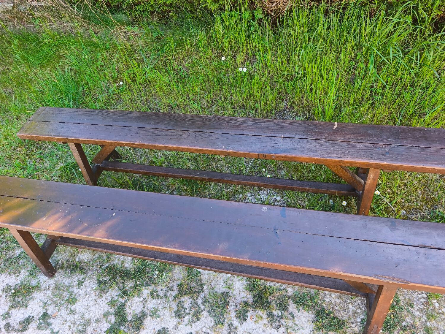 Pair of rustic antique long benches in solid wood – 195 cm