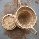 Basket shaped cup or vase with handles and wicker lid