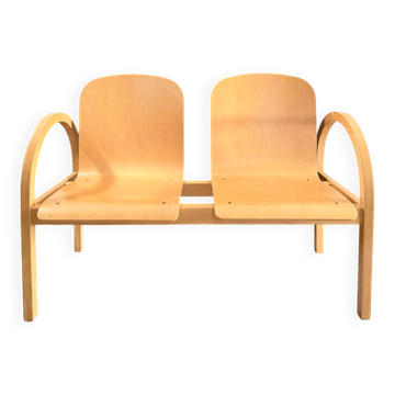 Vintage blonde wood two-seater bench by Baumann