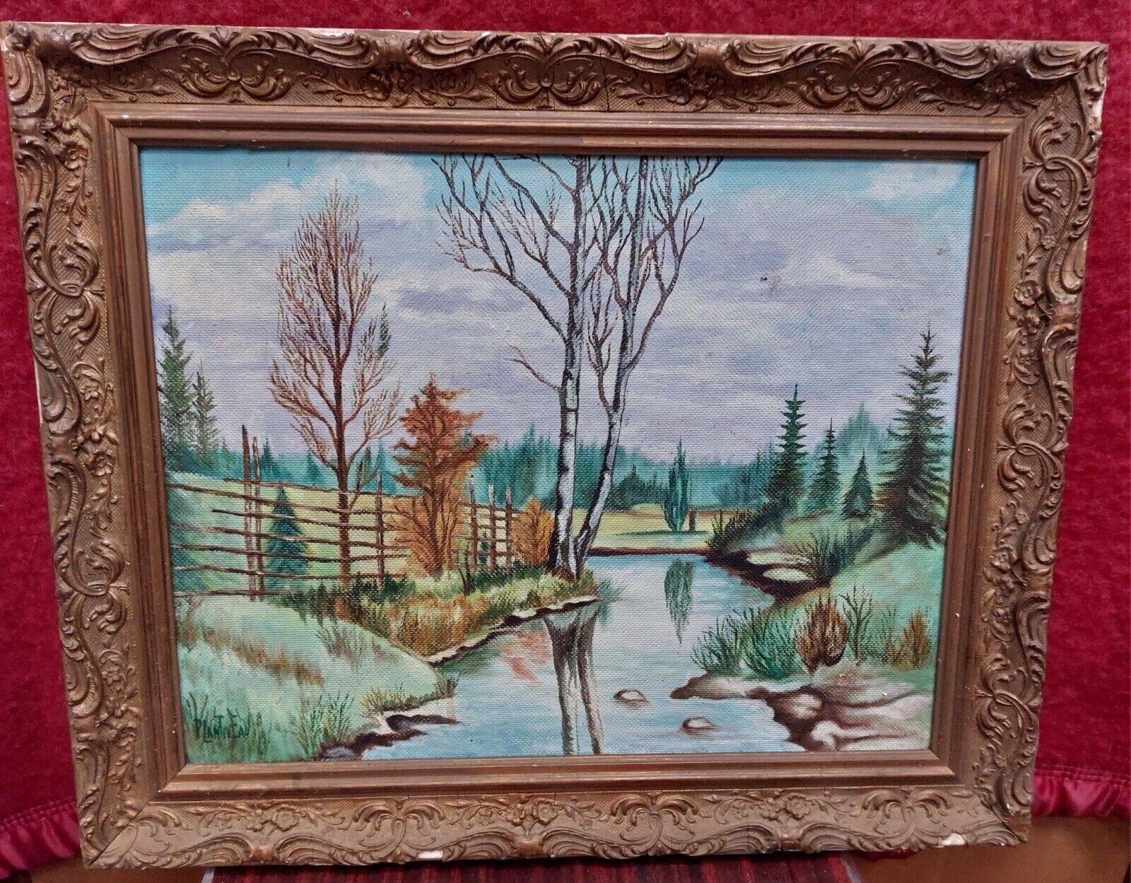 Oil on mounted panel lake landscape