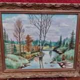 Oil on mounted panel lake landscape