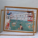 Cadre en bois avec une affiche la piscine vintage Rossignol 1960/70