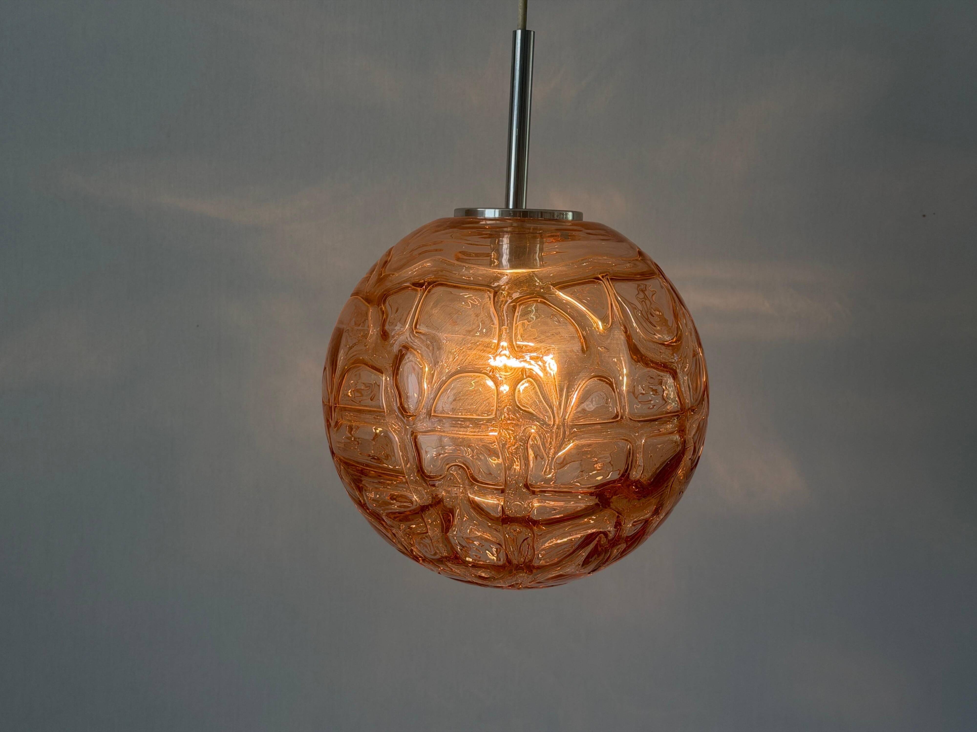 Pink pendant lamp made of hand-blown glass by Doria Leuchten, 1960s Germany.