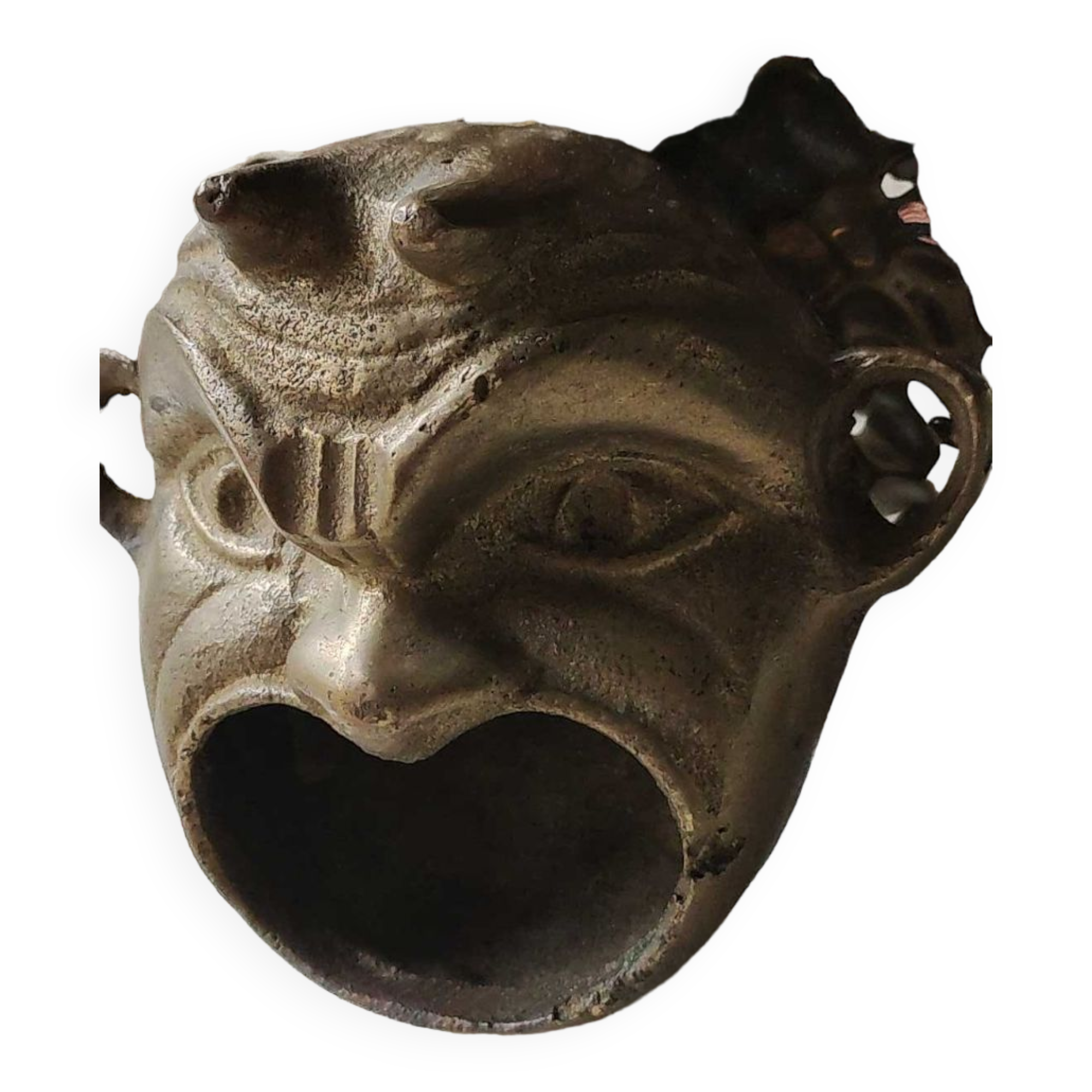 Ashtray/empty pocket devil's satyric head/diablotin, in bronze with golden patina. signed medina iran