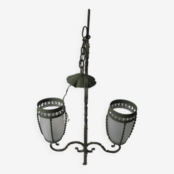 Old lantern chandelier lighting fixture 2 lights wrought iron tulip glass deco hall entrance retro