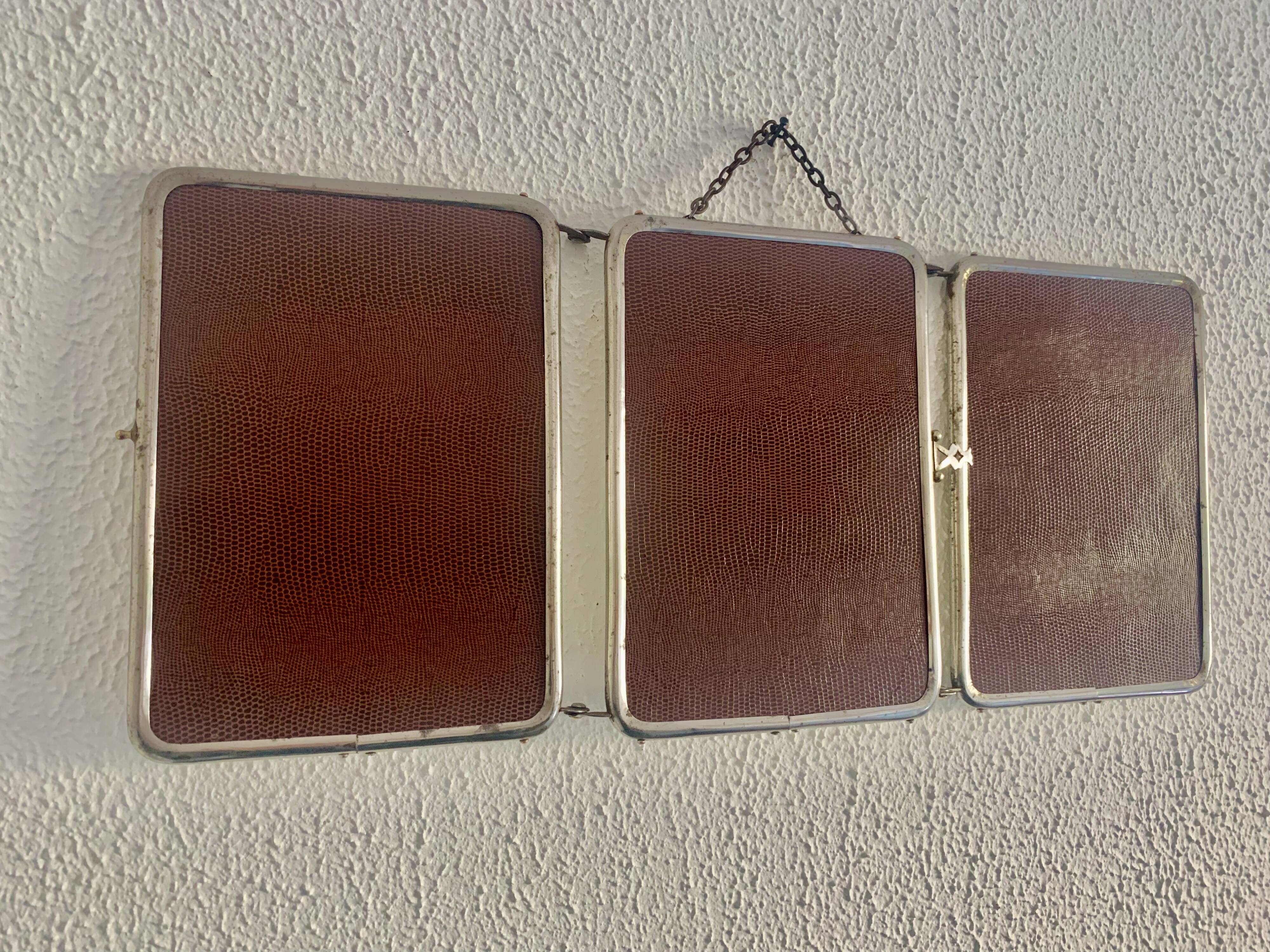 Vintage 1940s chocolate chrome barber triptych mirror - 21 x 49 cm