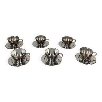 Set of 6 vintage stainless steel coffee cups, 1970