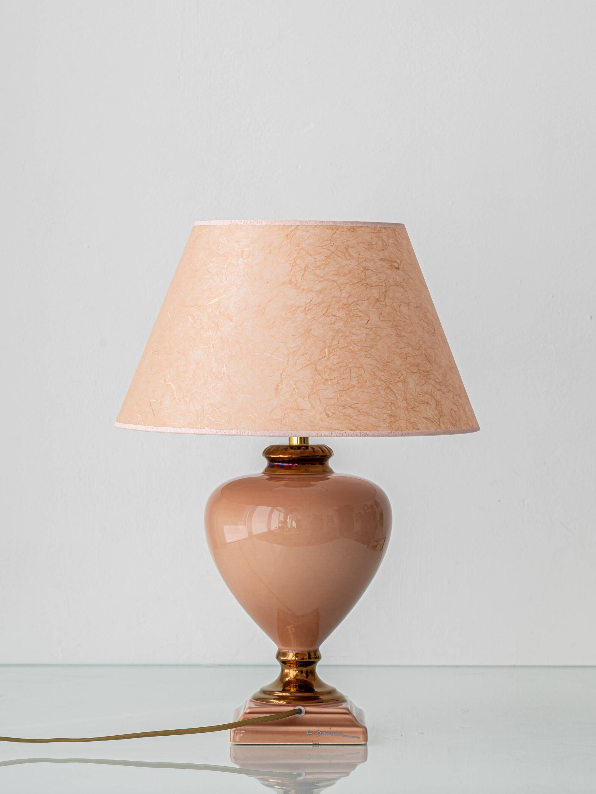 Pair of Salmon Pink Ceramic Table Lamps by Louis Drimmer, New Lampshades
