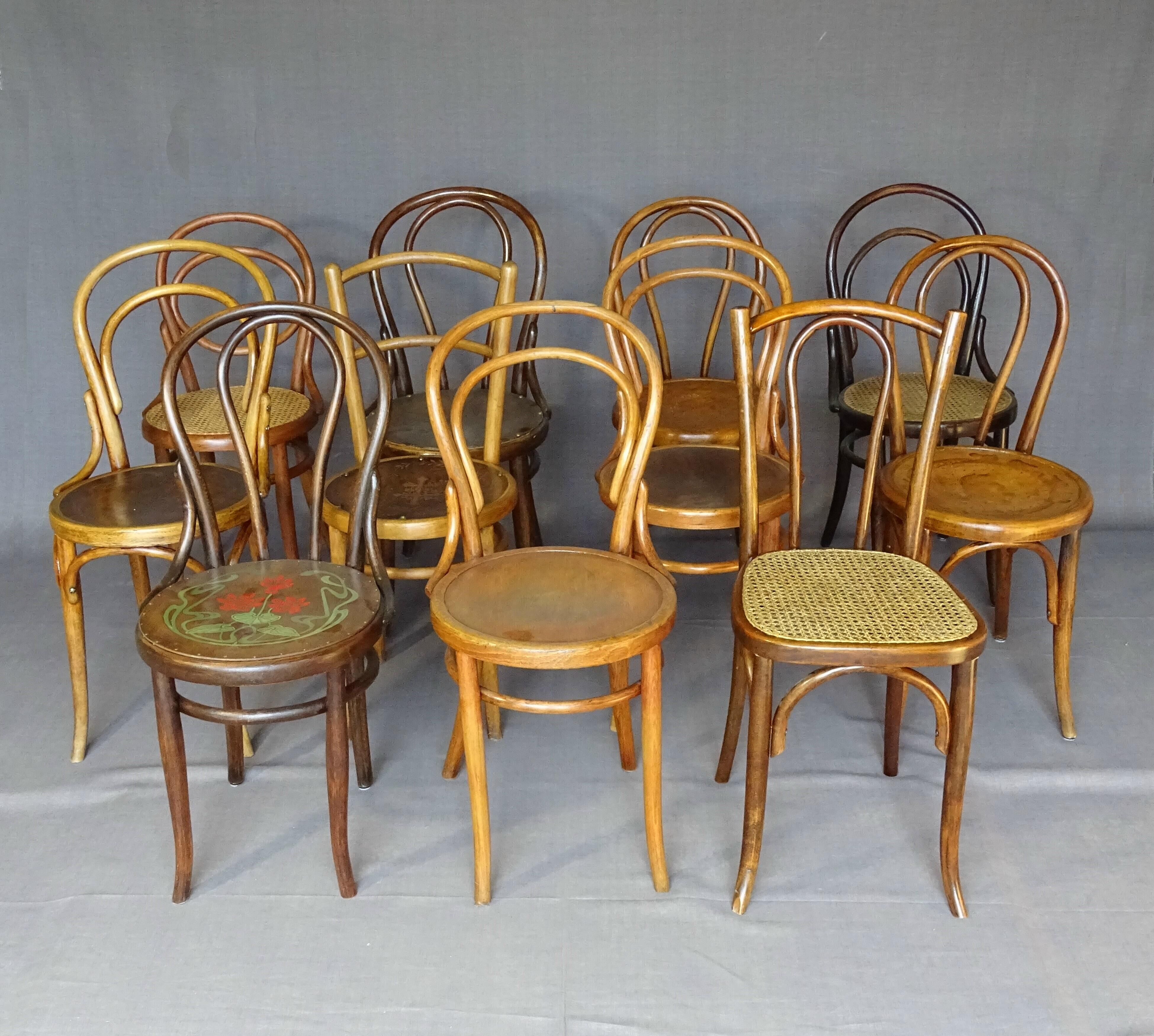 Set de 11 chaises bistrot bois et cannages, 1900/1915