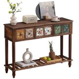 American Solid Wood Console Table with Retro Pattern, Vintage Hallway Table with Drawers and Shelf,