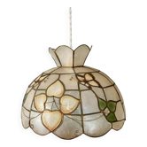 Vintage mother-of-pearl and brass lampshade pendant with flower and butterfly decorations