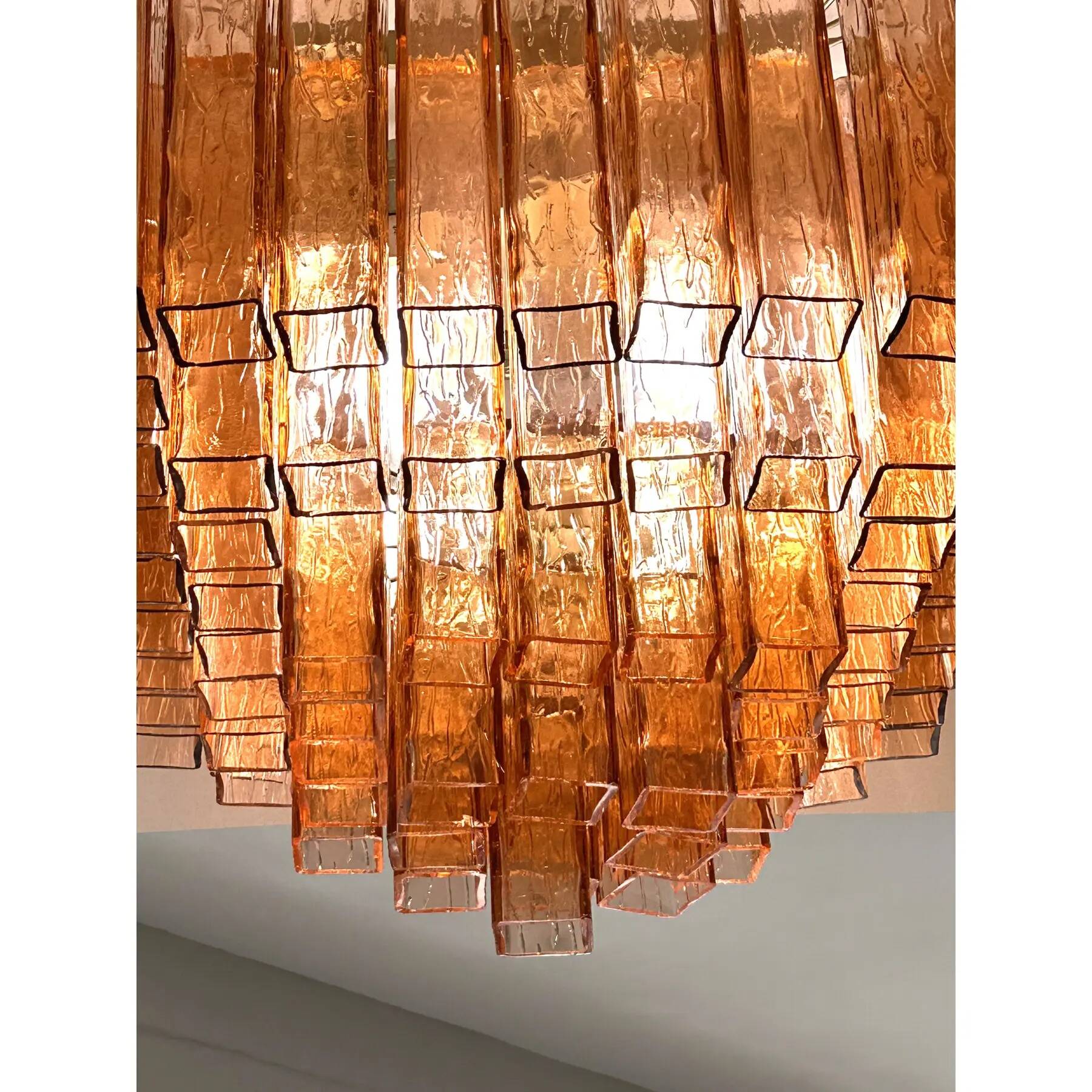 Luxury Italian Amber-Rosè “Squared” Murano Glass Squared Flush Mount
