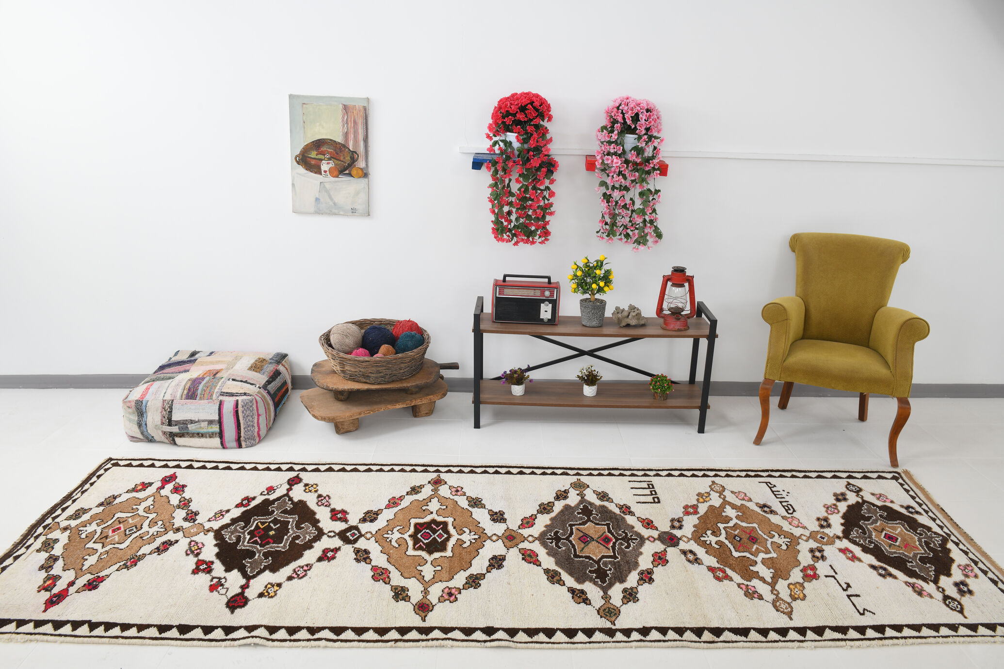 Wide brown beige turkish runner rug