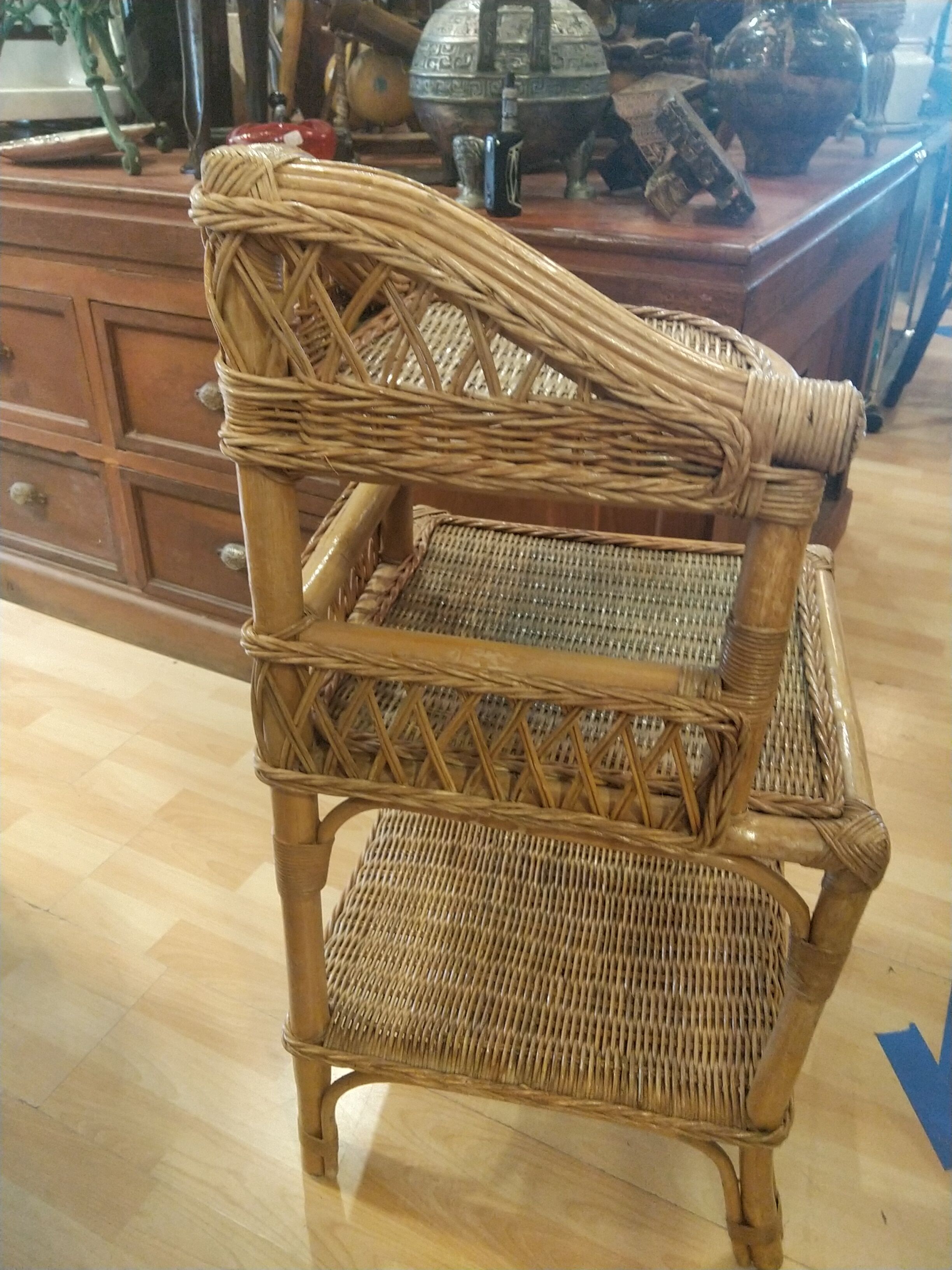 Corner shelf in bamboo and rattan, circa 1975