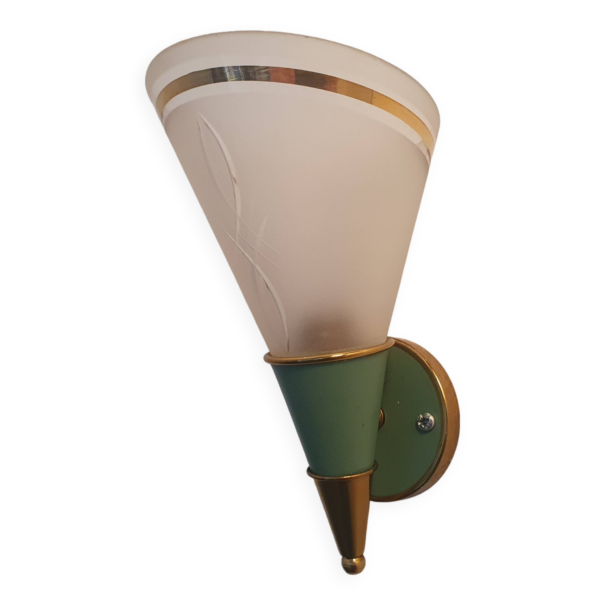 Green and gold conical wall lamp with opaline globe Art Deco