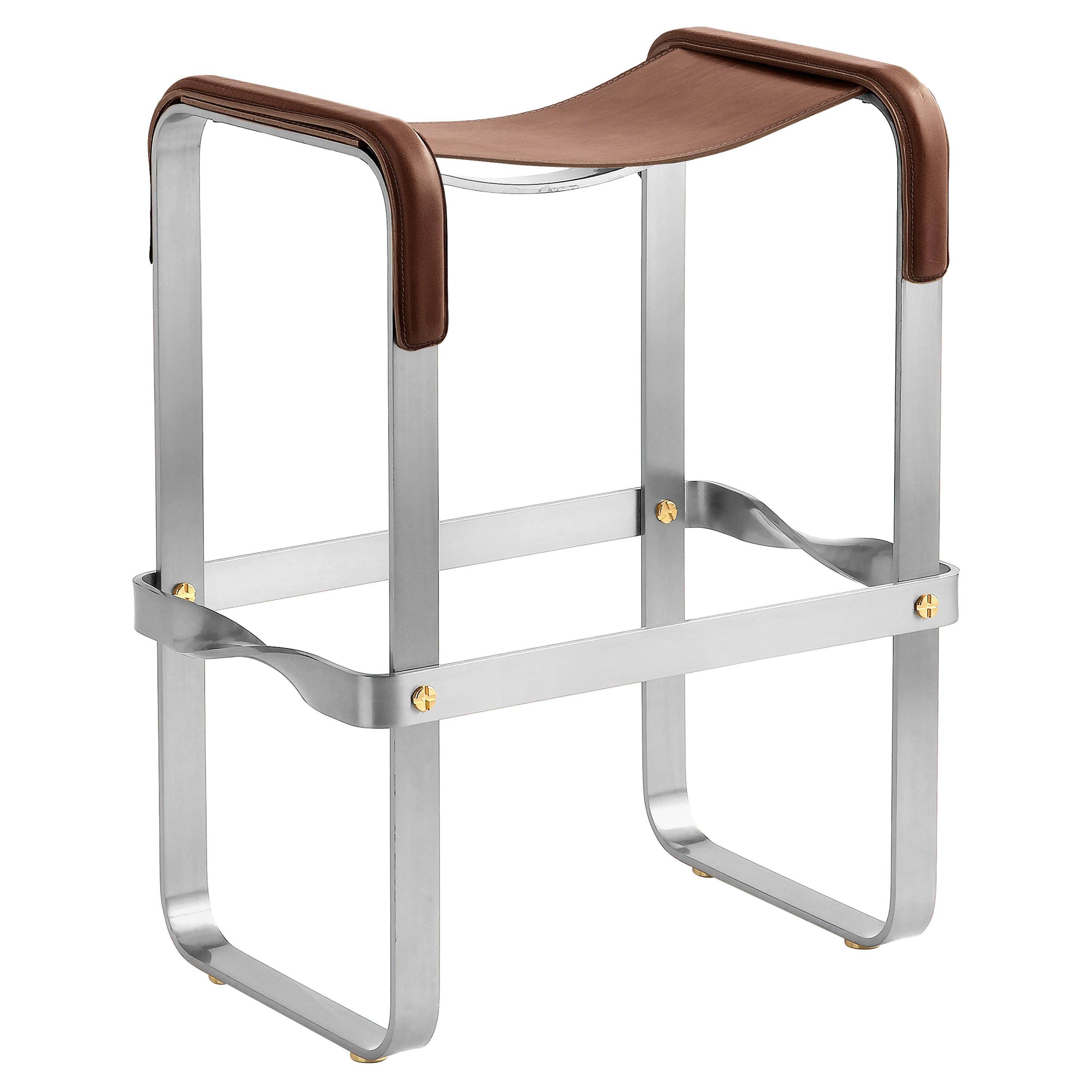 Contemporary Classic Bar Stool in Aged Silver Metal and Dark Brown Leather
