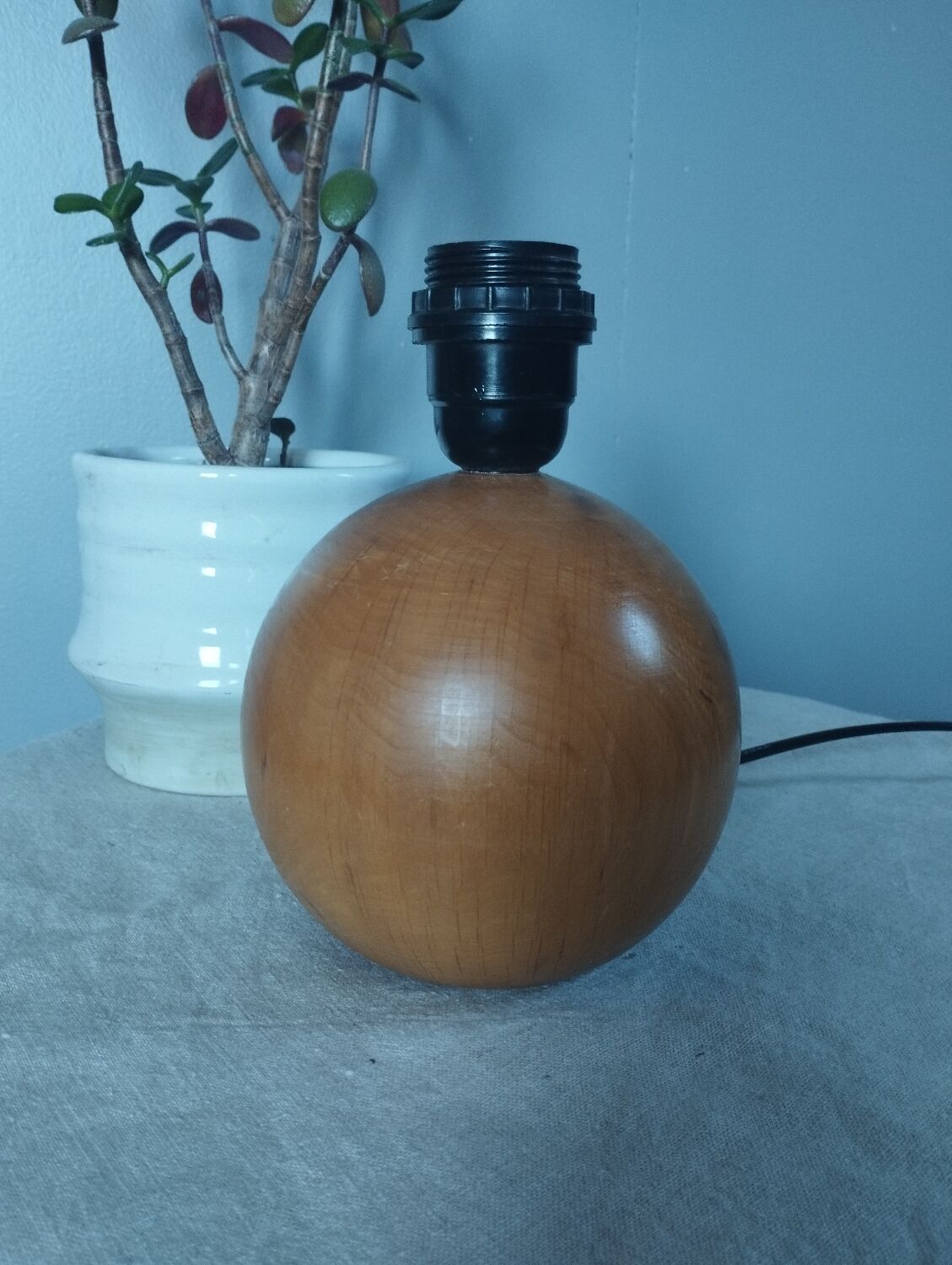 Table lamp foot ball light wood, lampshade ecru paper, 1970's