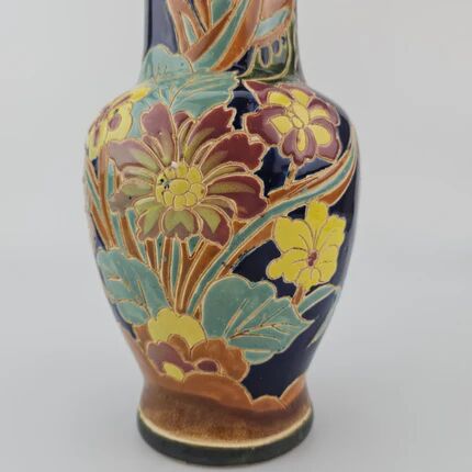 Large multicoloured ceramic vase with floral decoration signed NT.