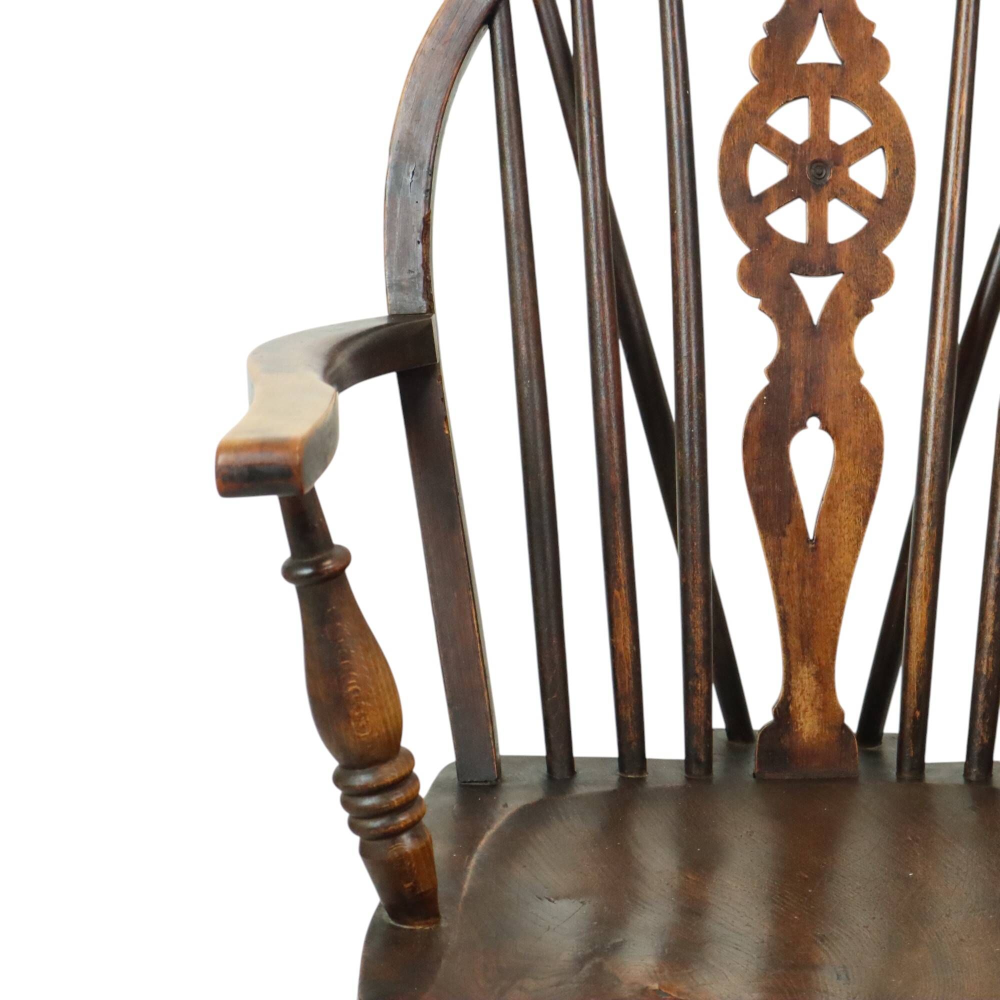 Chaise Windsor ancienne en bois de hêtre et d'orme avec dossier à roulettes, XIXe siècle