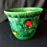 Cache-pot vintage en barbotine poët-laval modèle vannerie vert et touches de couleurs