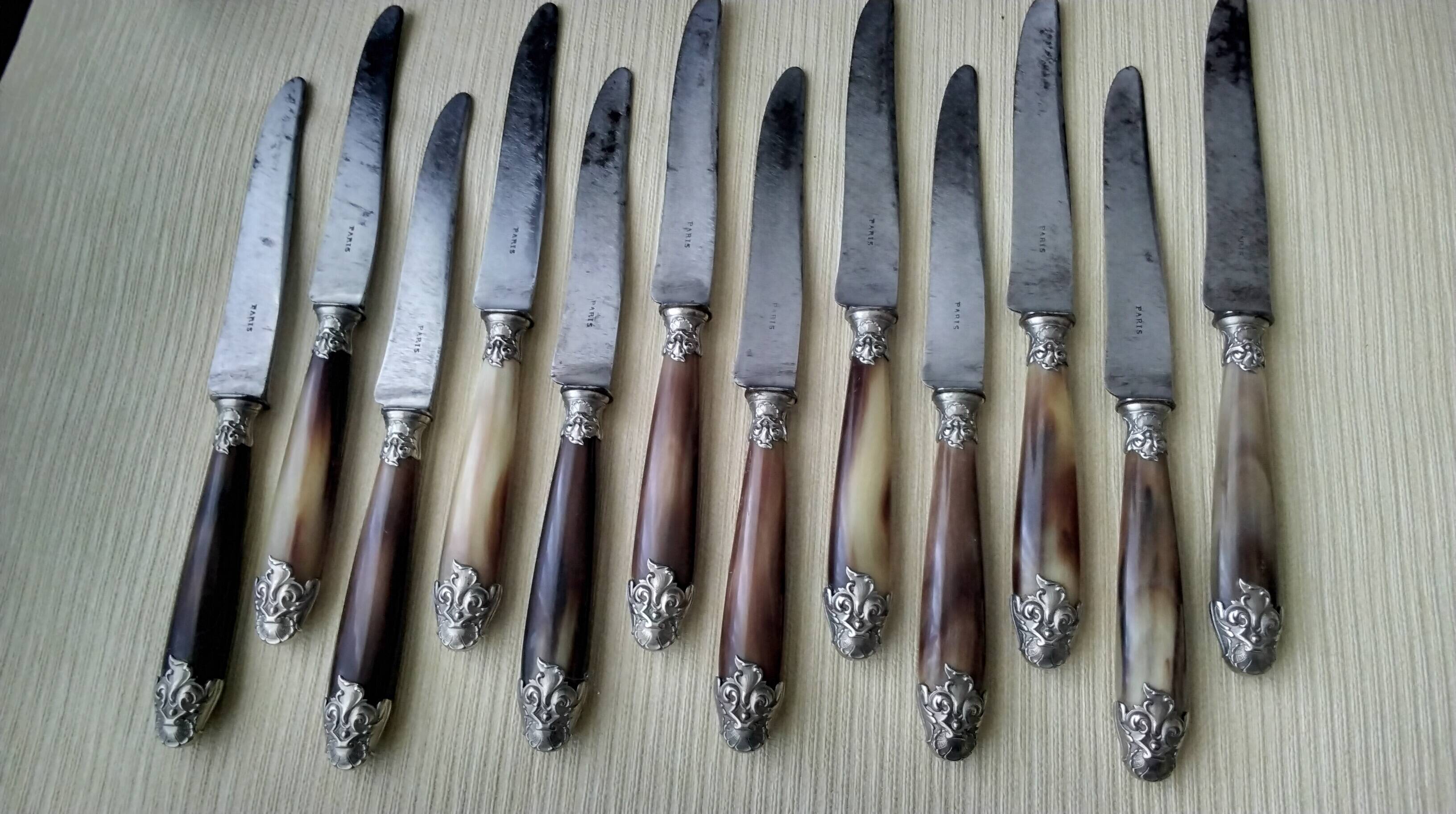 Box of 12 antique cheese or dessert knives. Steel and bovine horn.