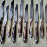 Box of 12 antique cheese or dessert knives. Steel and bovine horn.