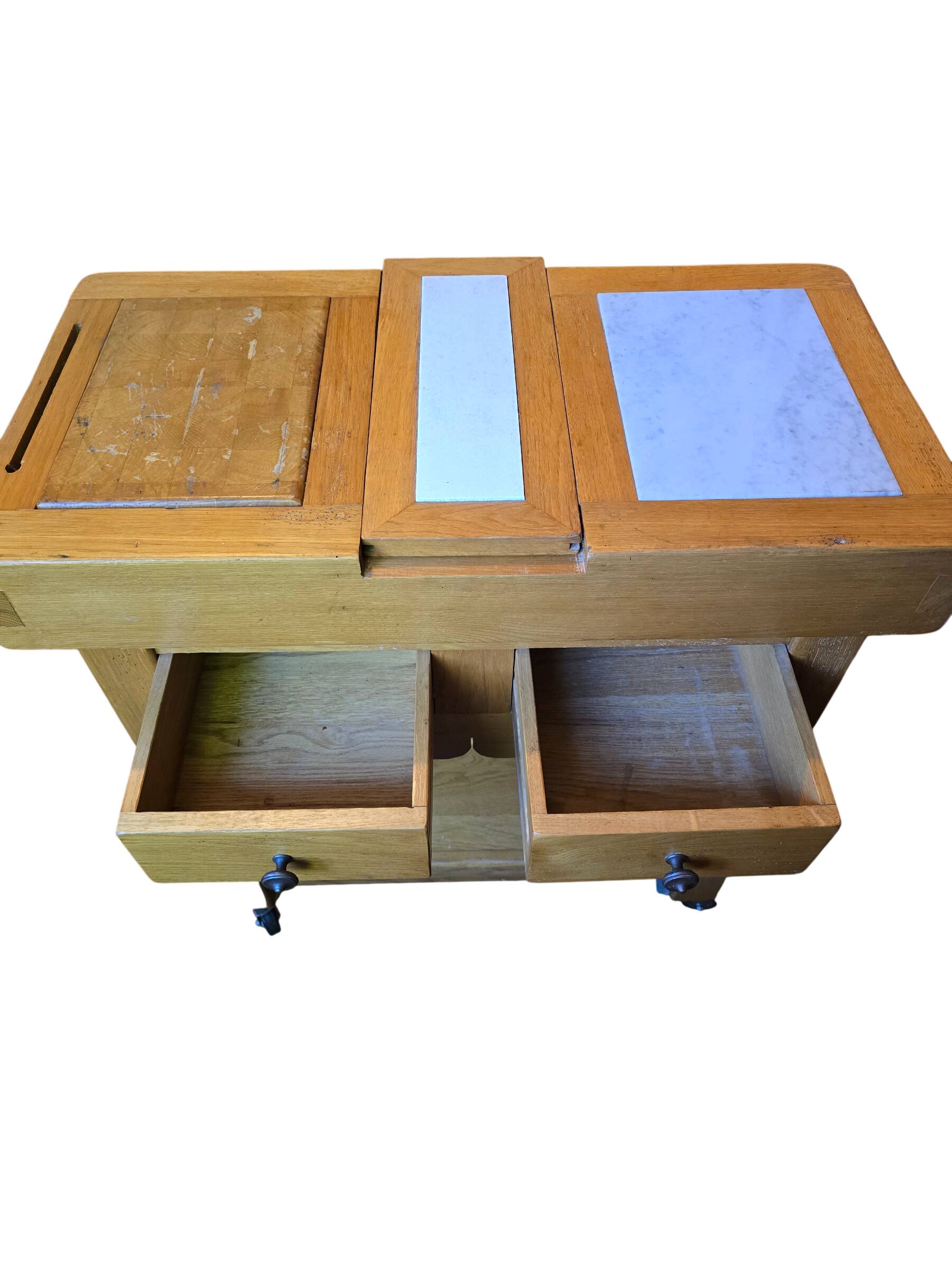 Old oak butcher's block with marble top and central section co