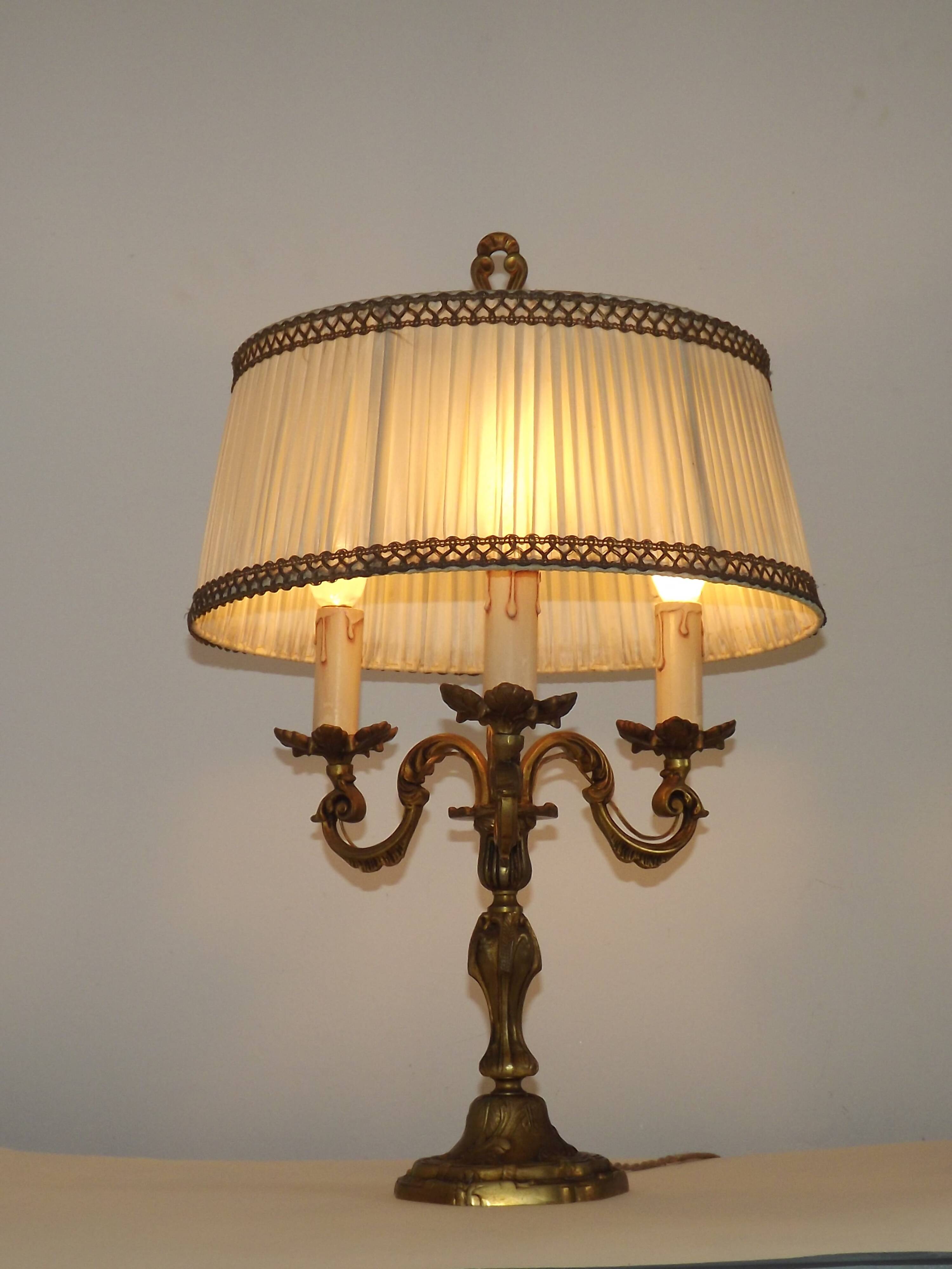 Bronze French Antique Art Nouveau 3-Light Candelabra Lamp Pleated Shade